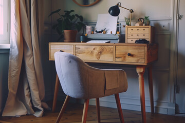 Cozy home workplace with wooden drawer writing desk and fabric chair. Interior design of modern scandinavian home office. Created with generative AI