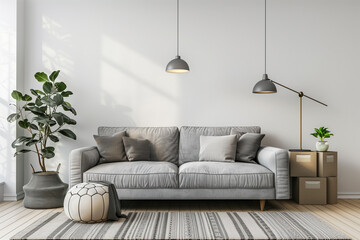 Cozy scandinavian style livingroom interior with grey fabric sofa lamp boxes and rug on neutral empty white wall background. 3D rendering.