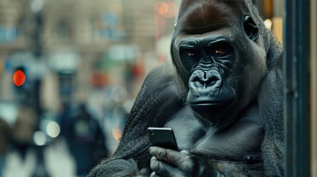A charming anthropomorphic gorilla utilizing a smartphone in an urban setting