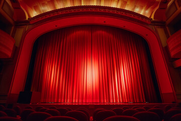 Red curtain with beams of light Red stage curtain with arch entrance Red stage curtain, empty movie theatre