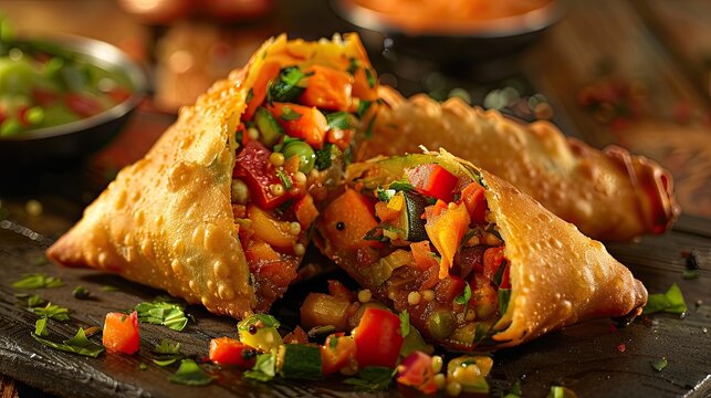 A tantalizing assortment of vegetables encased in a crispy shard, the deconstructed samosa explosion unveils its tempting filling