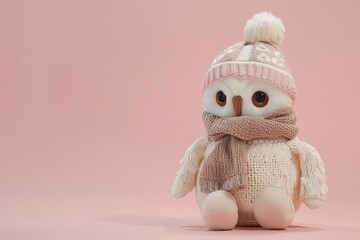 adorable owl stuffed toy in cozy winter outfit pastel background product photography