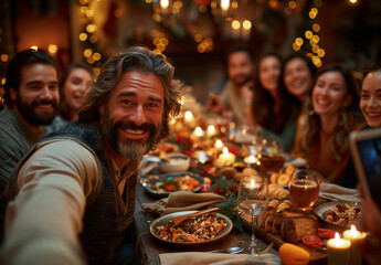 Fototapeta premium A group of friends smiling and posing for a selfie while seated around a dinner table in a restaurant