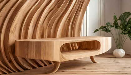 mesa de madera, pared trasera tallada