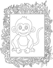 Monkey in A Floral Frame Coloring Page. Printable Coloring Worksheet for Kids. Educational Resources for School and Preschool.