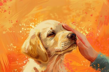 adorable puppy enjoying affectionate head pats against a vibrant tangerine backdrop digital art illustration