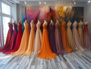 Elegant Long Formal Dresses for Sale in a Luxury,
Beautiful evening dresses on a mannequin in a womens clothing store