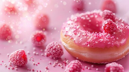 An enticing pink donut adorned with raspberry and sugar sprinkles sits atop a soft pastel pink background creating a festive backdrop perfect for celebrating occasions like Valentine s Day 