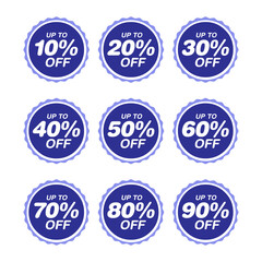 Obraz premium Different percent discount sticker discount price tag set. Red round speech bubble shape promote buy now with sell off up to 20, 30, 40, 50, 60, 70, 80 percentage vector illustration isolated on white