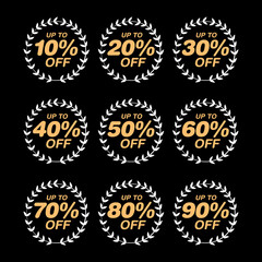 Different percent discount sticker discount price tag set. Rounded shape promote buy now with sell off up to 20, 30, 40, 50, 60, 70, 80 percentage vector illustration isolated on black