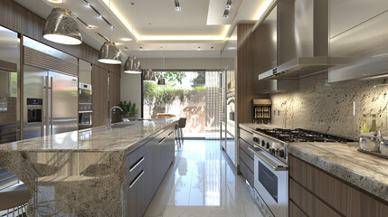 Sleek Sophistication: Modern Kitchen with Stainless Steel Appliances and Granite Countertops