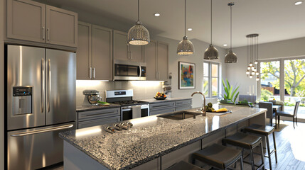 Sleek Sophistication: Modern Kitchen with Stainless Steel Appliances and Granite Countertops