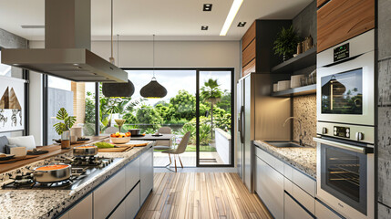 Sleek Sophistication: Modern Kitchen with Stainless Steel Appliances and Granite Countertops