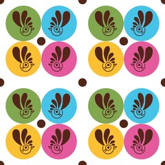 Seamless pattern in yellow, pink, brown, blue and green colors. Birds pattern. Roosters. White background. Design for textile fabrics, wrapping paper, background, cover.