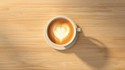Morning Brew Bliss: Minimalist Coffee Cup with Heart Art on Light Wooden Table