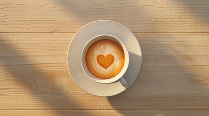 Morning Brew Bliss: Minimalist Coffee Cup with Heart Art on Light Wooden Table