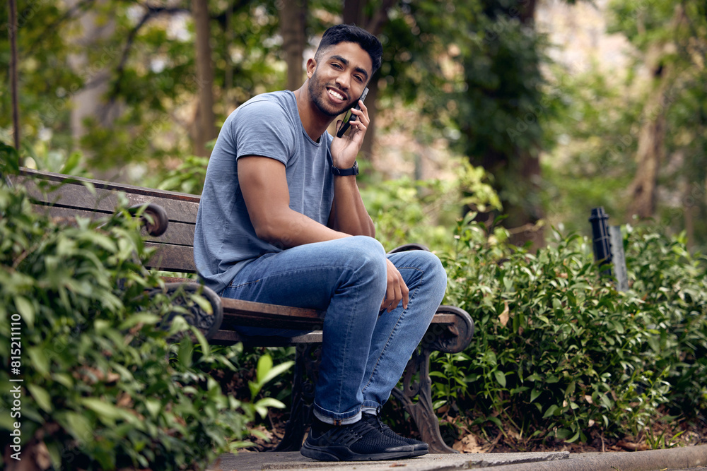Poster phone call, man and college student in park, talking and smile with connection to contact and chat. 