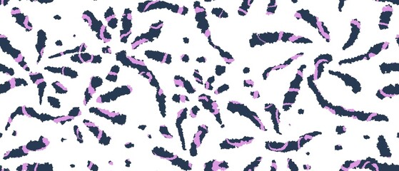 Seamless abstract botanical pattern. Dark blue flowers on white background. Purple lines. Digital brush strokes. Design for textile fabrics, wrapping paper, background, wallpaper, cover.