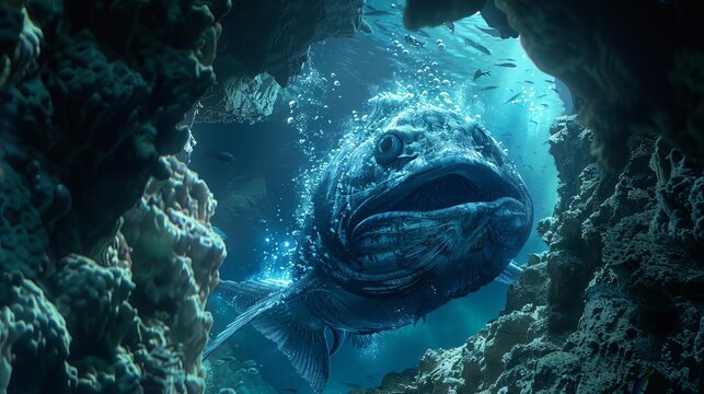 Create a detailed scene depicting a coelacanth emerging from a dark underwater cave