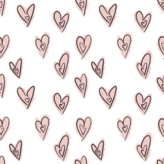 Seamless abstract geometric pattern. Simple background in black, pink and white colors. Hearts. Digital textured background. Design for textile fabrics, wrapping paper, background, wallpaper, cover.