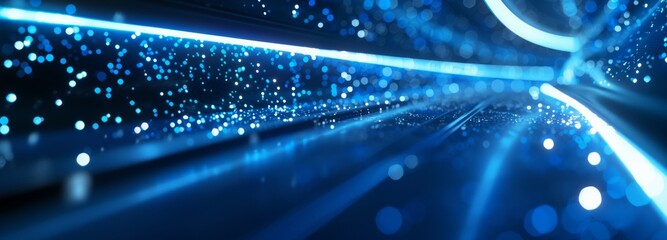 Futuristic blue neon lights in tunnel. Long exposure photography. Technology and innovation concept for background, wallpaper, or banner. Banner with copy space