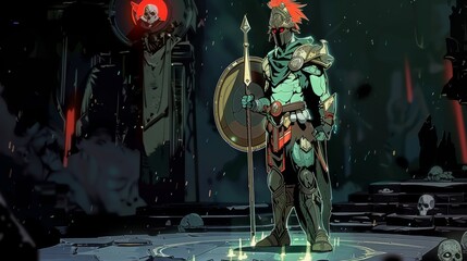 Illustration of a warrior in ancient armor, holding a spear and shield, standing in a dark cave with glowing embers.