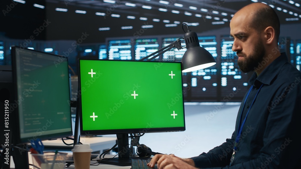 Poster system administrator working on green screen computers in data center, ensuring optimal performance.