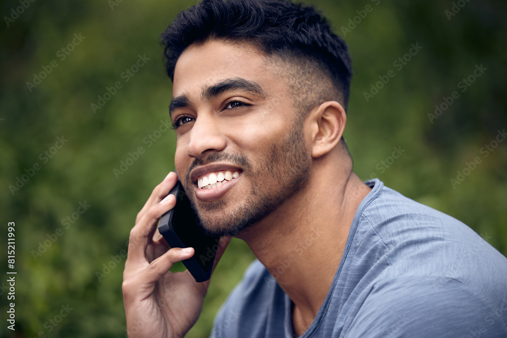 Poster phone call, man and college student in park, face and smile with connection to contact and talking. 