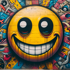 Emoji Feliz estilo grafite, pintura de parede, arte de rua,