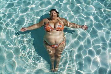 Plus-Size woman in bikini swimsuit swimming in a pool with copy space, enjoying vacation while promoting feminism and body positivity