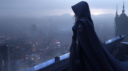 hooded assassin looking at city