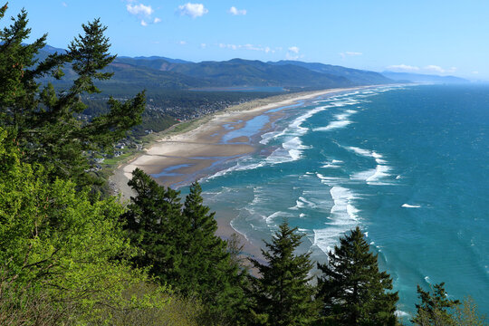 Along the Oregon Coast: View from Neahkahnie scenic overlook looking towards Manzanita, Nehalem Bay, and in the far distance, Rockaway Beach.