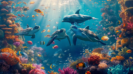 Fototapeta na wymiar a whimsical underwater scene, featuring a vibrant coral reef teeming with colorful fish, playful dolphins, and graceful sea turtles, evoking a sense of tranquility and wonder beneath the waves