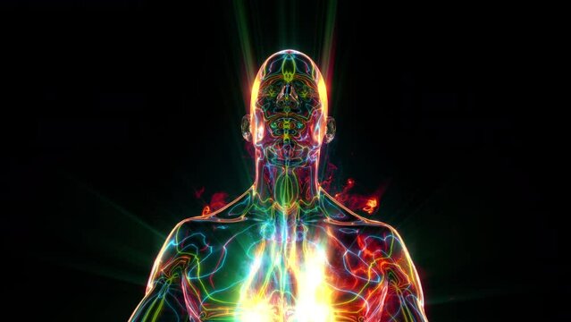 A human character meditating where we see the energetic fields of the body represented in pulsating lines and shimmering colour.