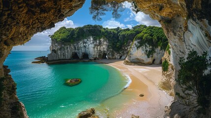 A serene cove with a sandy beach, turquoise waters, and rocky cliffs viewed from a cave.