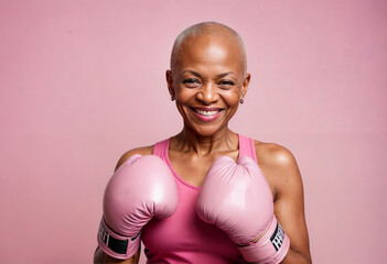 beautiful old black woman with boxing gloves symbol of fight and survivor against breast cancer . october pink month