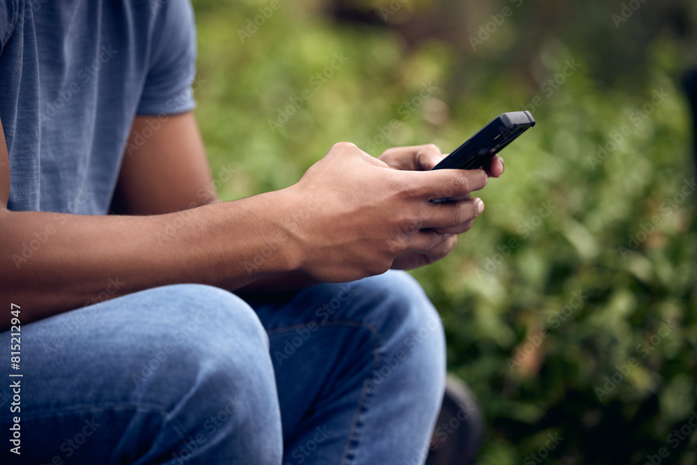 Poster garden, hands and phone with person outdoor for app, social media or text message communication clos