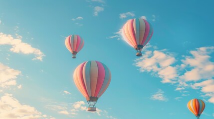 Multiple hot air balloons ascending against a clear blue sky tinged with the warm hues of sunset.