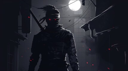 A gripping portrayal of a cybernetic assassin silhouetted against a misty urban landscape under a full moon. The character's single glowing red eye adds a haunting intensity to the scene.