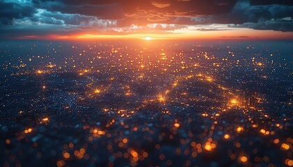 Fototapeta premium 3D render of a glowing global network with interconnected nodes, earth from space, twilight, wide view