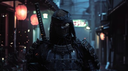 aptured in a dimly lit alley, a mysterious figure clad in a hooded cloak wields a sword, eyes glowing ominously in the shadows. The moody, neon-lit backdrop adds a dramatic and suspenseful tone, perfe