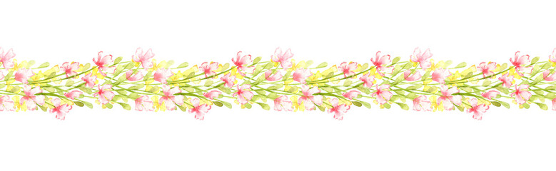 Yellow pink floral pattern horizontal with watercolor illustration. Summer meadow with floral print and wildflowers. Isolated from the background. Element for textile, wallpaper