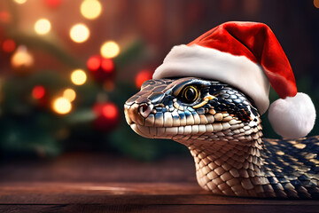 snake character in santa hat on new year background with bokeh