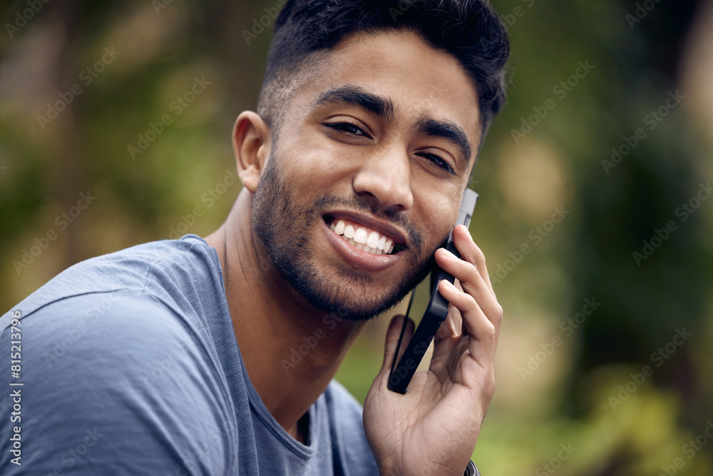 Poster phone call, man and college student in park, portrait and smile with connection to contact and chat.