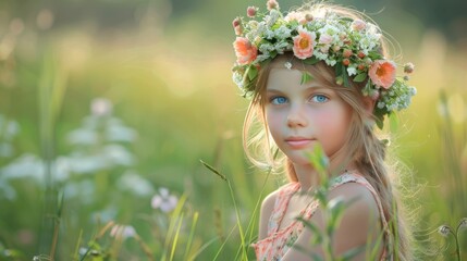 Fototapeta premium A young girl wearing a flower wreath stands gracefully in a lush green meadow with a dreamy backdrop of nature The floral crown she adorns is a beautiful symbol of the vibrant summer solsti