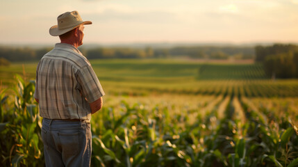 A farmer in a plaid shirt and hat stands in a lush cornfield at sunset, reflecting on the harvest and land