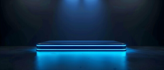 Background podium 3D product display stand platform Futuristic metallic rectangular stand outlined with neon blue lights, hightech and futuristic atmosphere