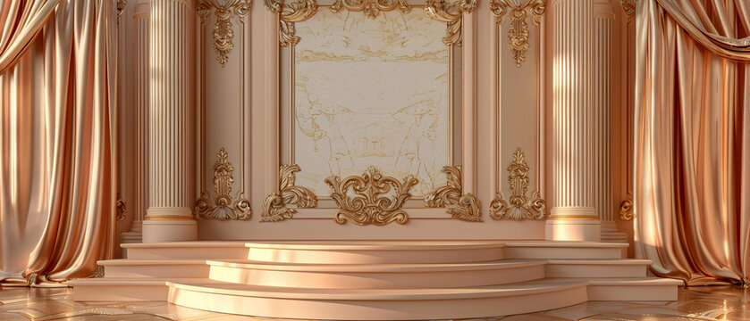 Background podium 3D product display stand platform Vintage glamour rectangular podium with ornate details and rich fabrics