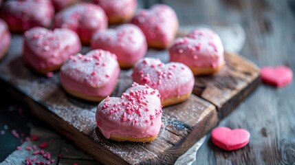 A close up view of heart shaped pink donuts displayed on a rustic wooden board