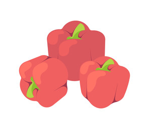 Three stylized red bell peppers, isometric vector illustration, plain white background, concept of healthy food